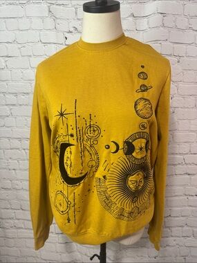 Blind Rooster Celestial Sweatshirt Mustard Yellow Cosmic Sun Moon Crewneck Small